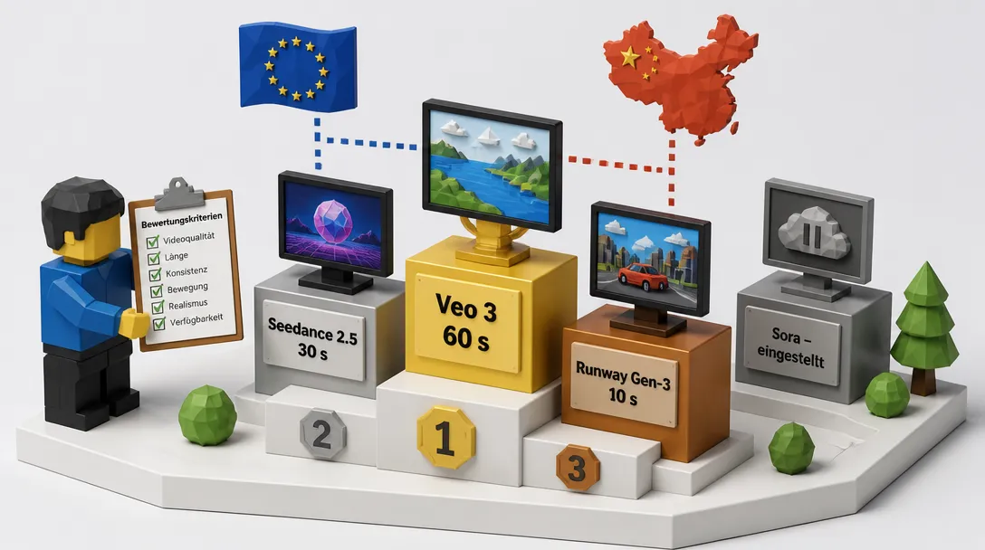 Vergleich von Seedance 2.5 mit Veo 3, Runway Gen-3 und Sora in isometrischem Low-Poly-Diorama.