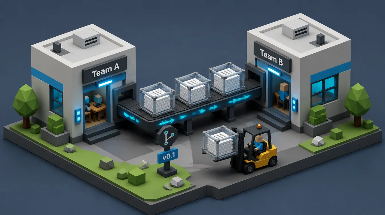 Low-Poly-Diorama: Wissens-Bundles wandern auf einem Förderband zwischen zwei Teams