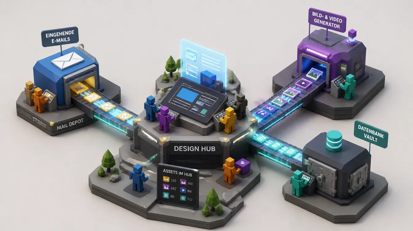 Low-Poly-Diorama: zentraler Design Hub mit Connectoren zu Mail, Bild- und Video-Generator sowie Datenbank.
