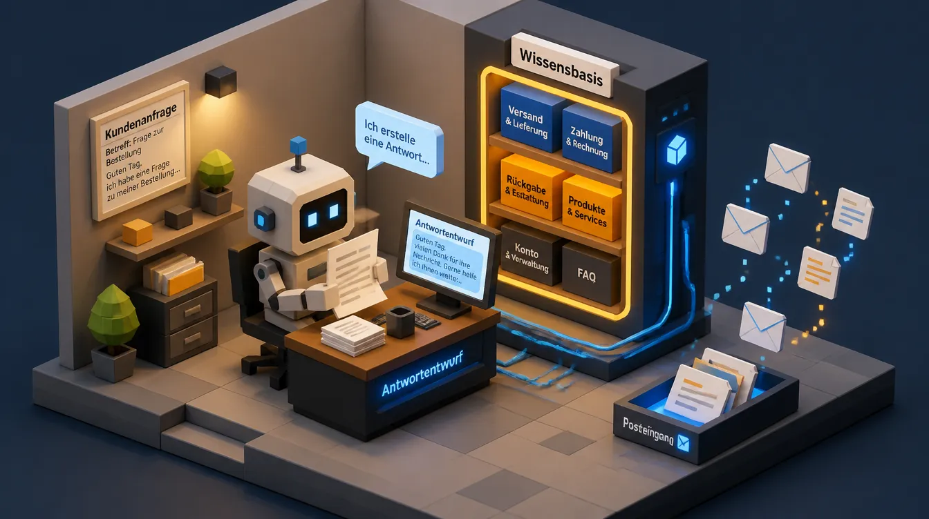 Low-Poly-Diorama: KI-Agent am Schreibtisch verarbeitet Dokumente mit einer Wissensbasis zur Antwort