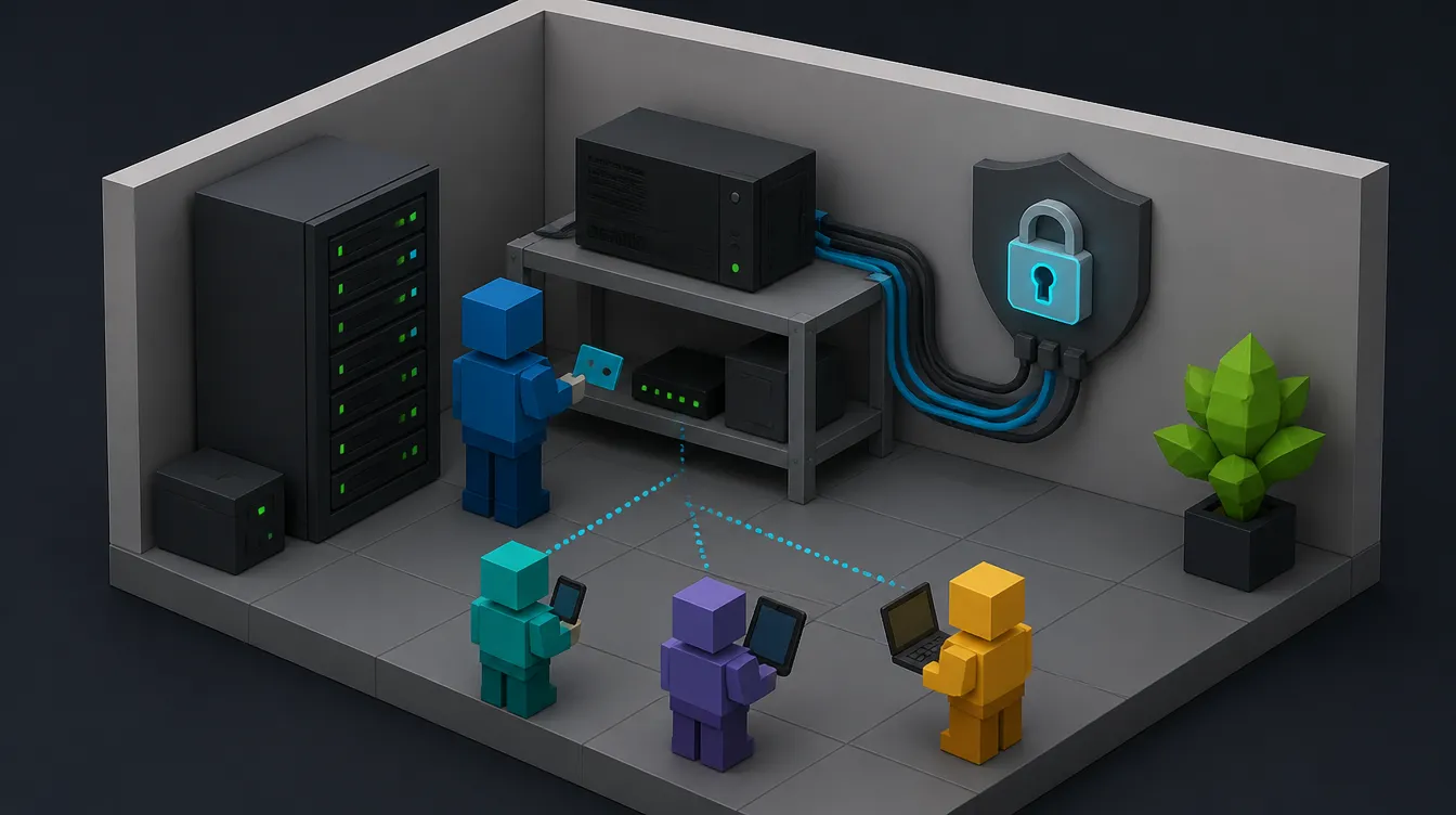 Low-Poly-Diorama: dauerhaft aktiver Agenten-Host im Serverraum, IT-Mitarbeiter mit Key Card, drei Geräte greifen remote zu