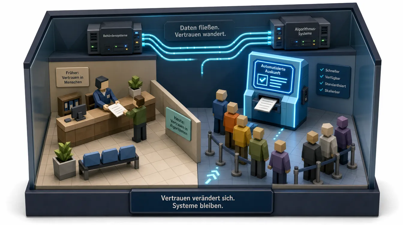Low-Poly-Diorama: kurze Schlange am menschlichen Schalter, lange Schlange am automatisierten KI-Terminal daneben.