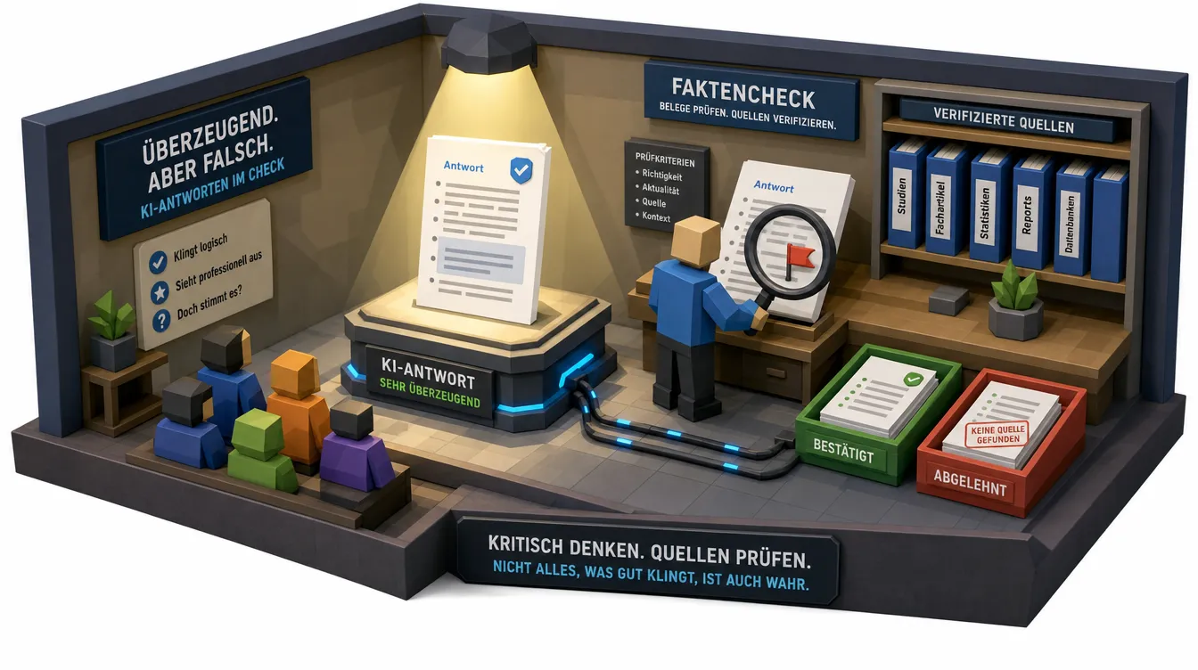 Low-Poly-Diorama: eine glänzende KI-Antwort im Scheinwerferlicht, daneben eine Prüfbank, die sie gegen Quellen abgleicht.