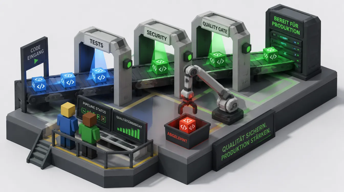 Low-Poly-Diorama einer CI/CD-Pipeline: Code-Pakete passieren Quality Gates, ein fehlerhaftes Paket wird aussortiert