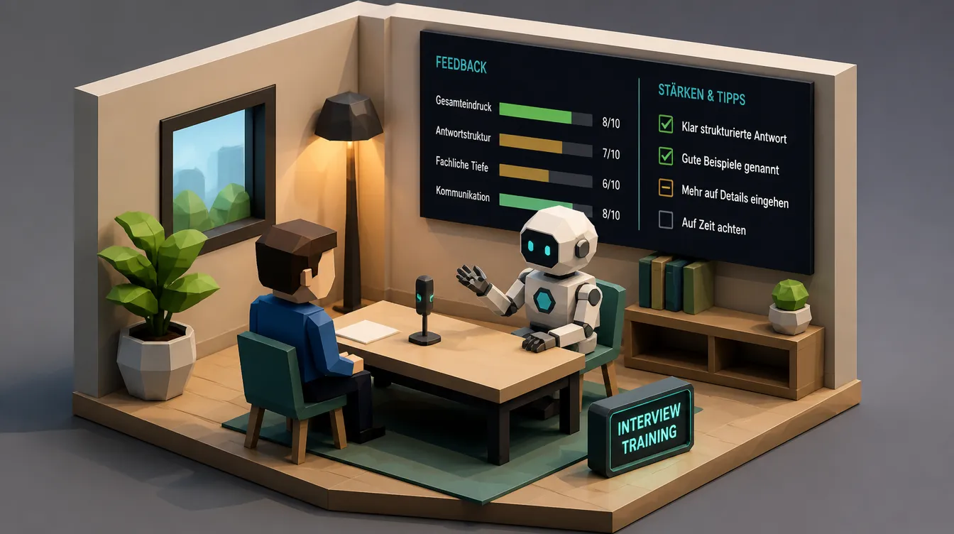 Low-Poly-Diorama: Figur übt ein Bewerbungsgespräch mit einem KI-Roboter, dahinter eine Feedback-Tafel