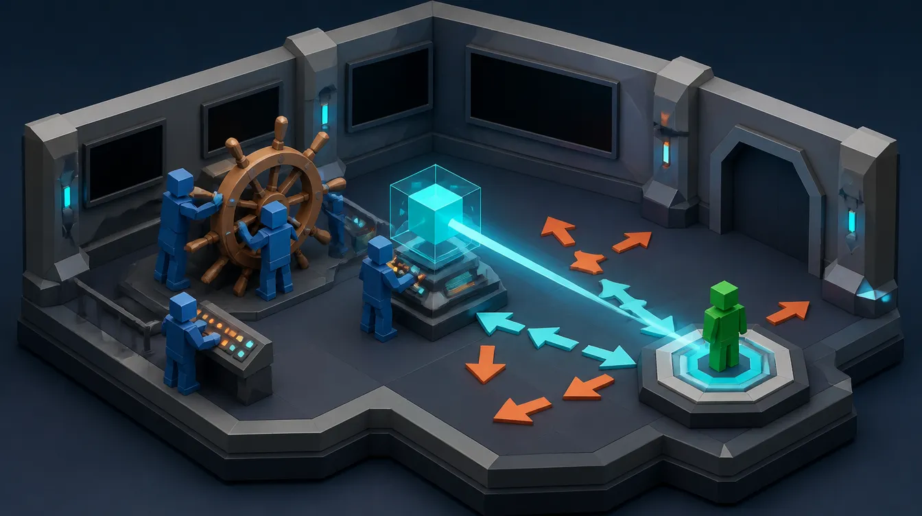 Low-Poly-Kontrollraum: Figuren lenken einen KI-Würfel per Steuerrad auf eine Zielfigur als Sinnbild für Alignment.