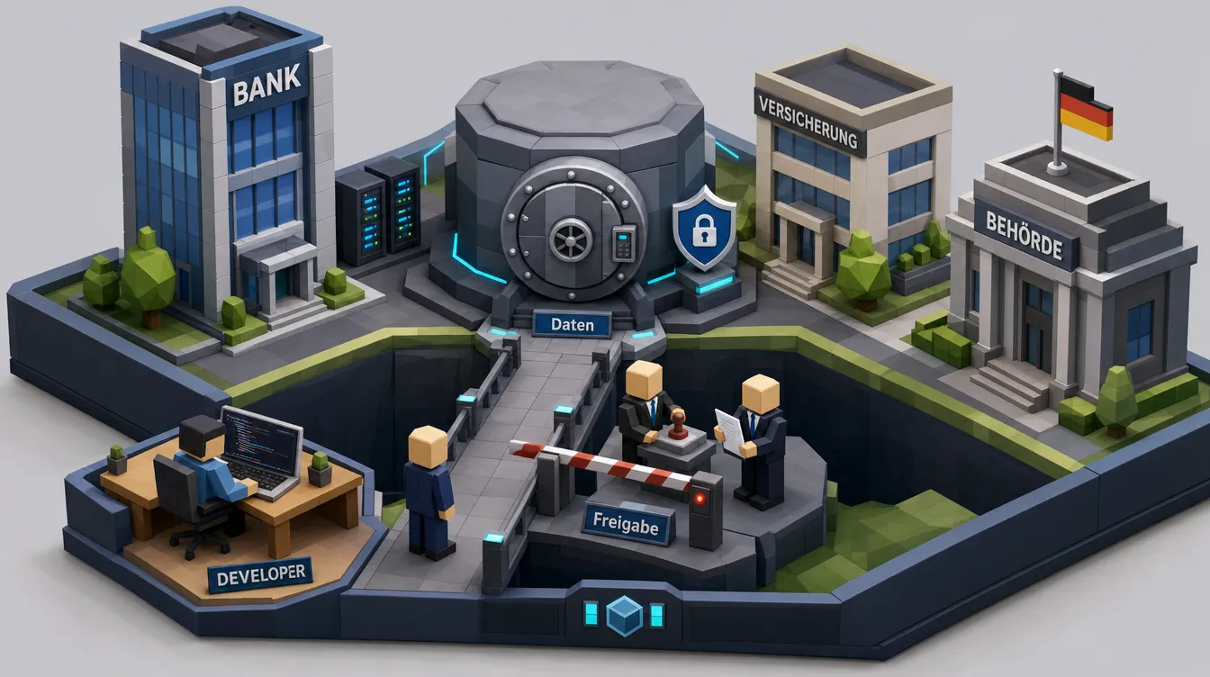 Miniatur-Diorama: Entwicklerplatz, Freigabe-Schranke und Datentresor zwischen Bank, Versicherung und Behörde.