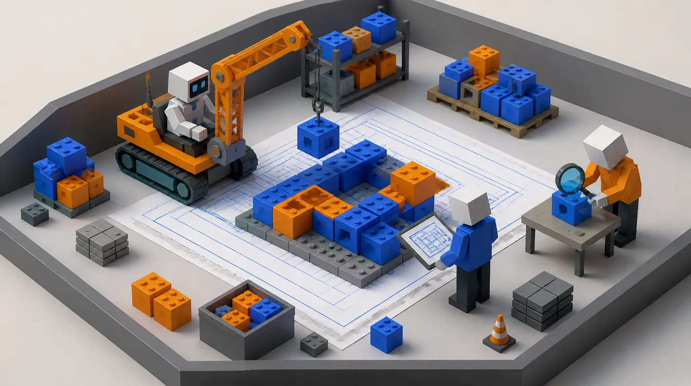 Roboter setzt per Kran Softwarebausteine nach Bauplan, eine Figur gleicht mit dem Plan ab, eine zweite prüft ein Bauteil.