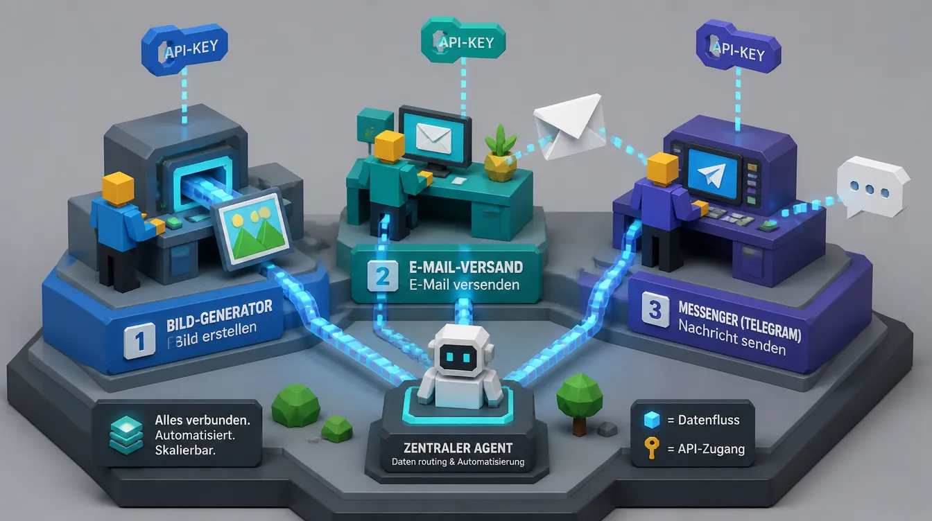 Low-Poly-Diorama dreier API-Stationen: Bildgenerierung, E-Mail-Versand und Telegram, verbunden mit einem zentralen Agenten.