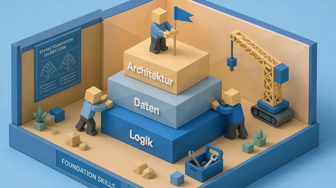 Low-Poly-Diorama: Figuren stapeln die Ebenen Logik, Daten und Architektur zu einem Kompetenz-Fundament