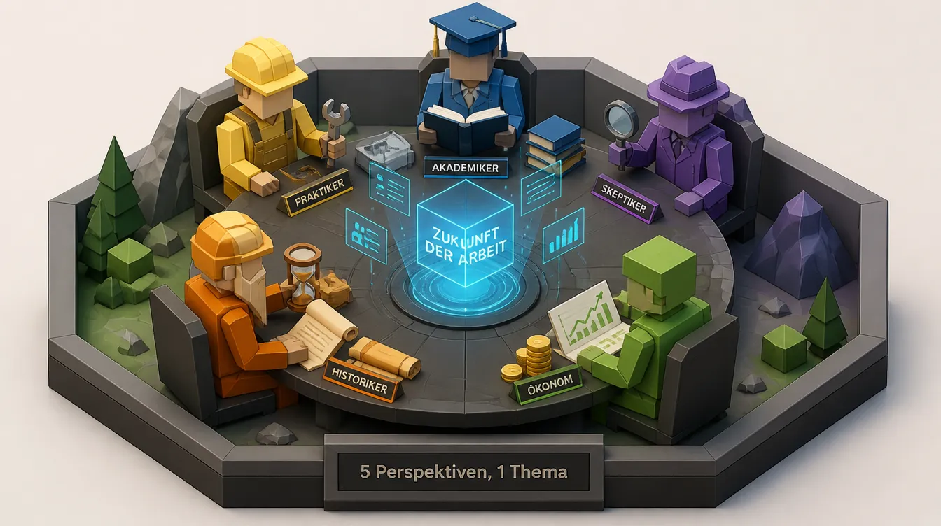 Fünf Low-Poly-Rollen an einem Tisch: Praktiker, Akademiker, Skeptiker, Ökonom und Historiker um ein gemeinsames Thema.