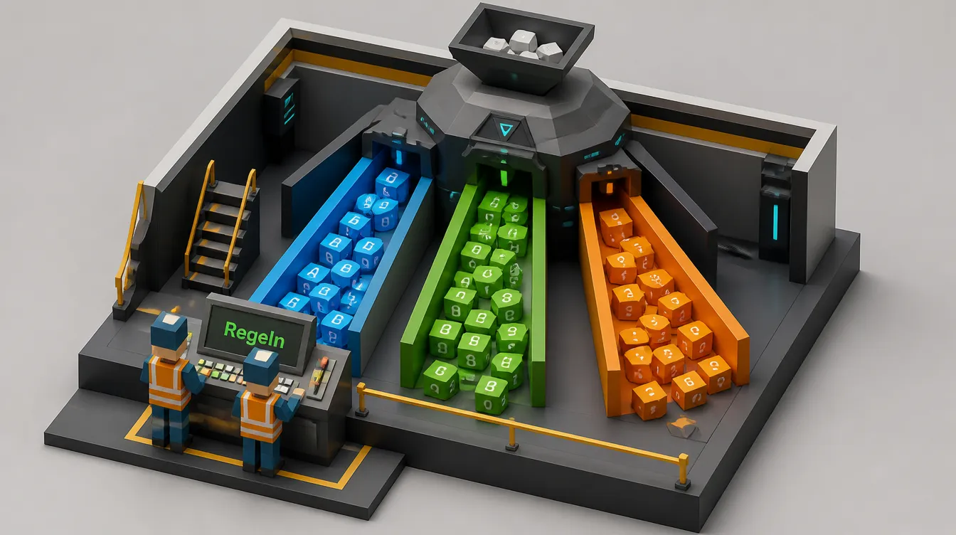 Low-Poly-Diorama einer Sortierstation: Regeln trennen Buchstaben-, Ziffern- und Satzzeichenwürfel in eigene Bahnen