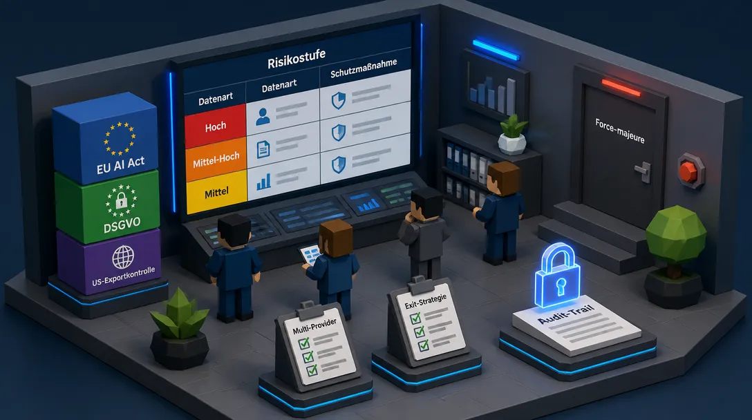 Isometrisches Low-Poly-Diorama: Compliance-Team bewertet Risikomatrix für KI-Beschaffung in drei Regulierungsschichten.
