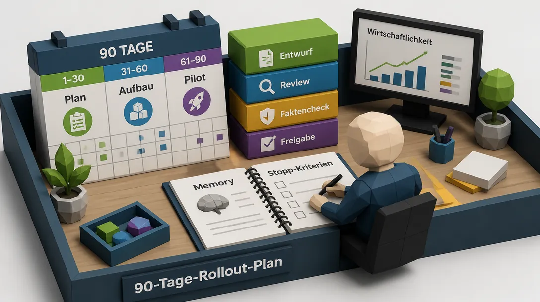 90-Tage-Rollout-Plan für Loop Engineering: Phasen von Plan über Aufbau bis Pilot mit Skills für Entwurf, Review und Freigabe sowie Memory- und Wirtschaftlichkeits-Kontrolle