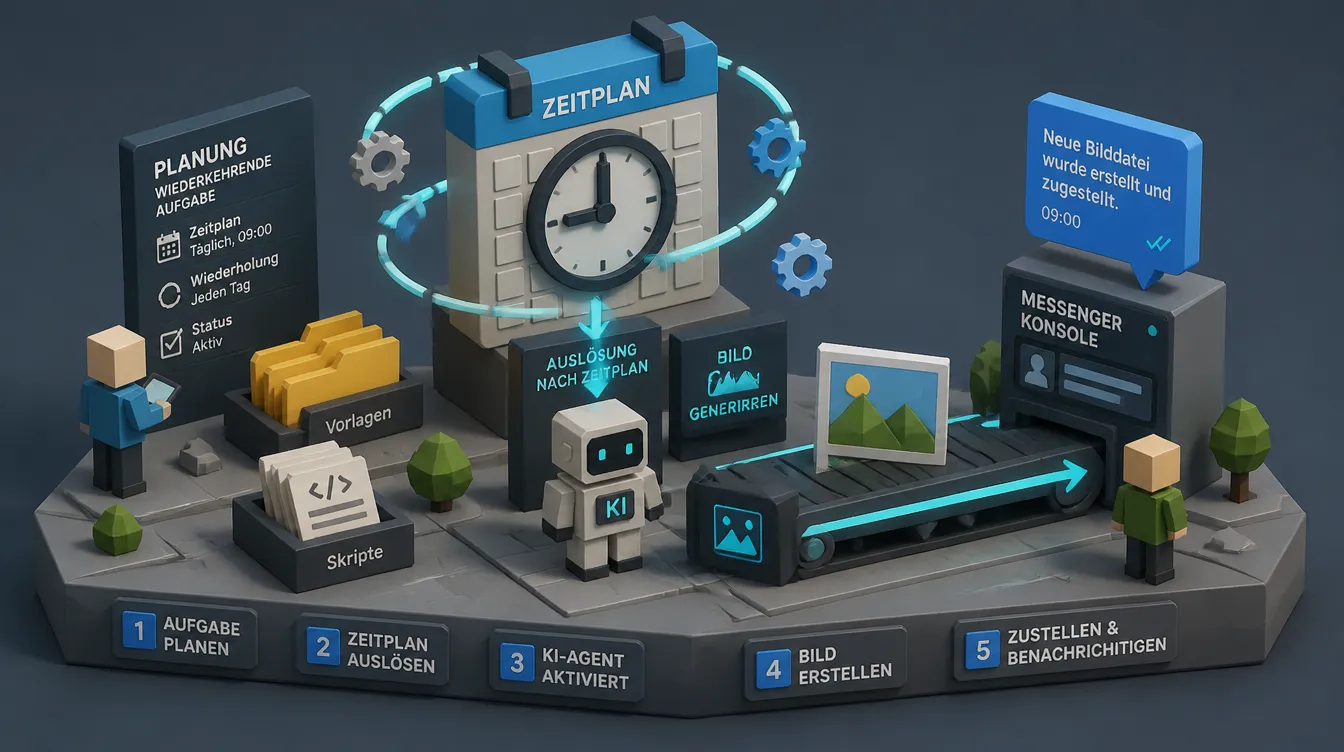 Isometrisches Low-Poly-Bild eines geplanten Tasks: Uhr startet einen Agenten, der ein Bild erzeugt und an Telegram sendet.