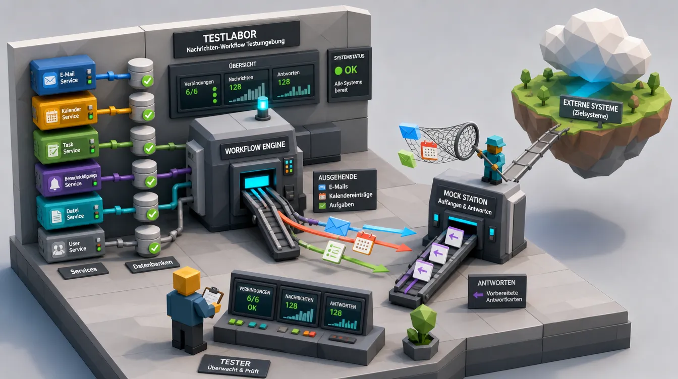 Low-Poly-Diorama: Ein Testlabor fängt ausgehende Mails vor externen Systemen ab und liefert vorbereitete Antworten