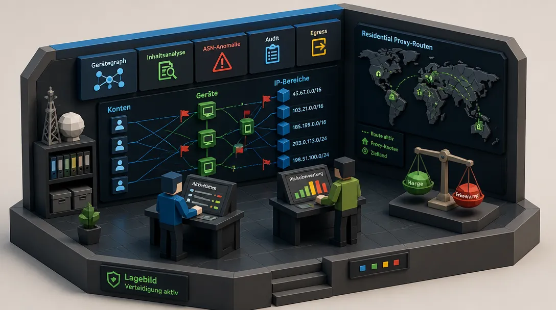Isometrische Leitstelle mit Graph-Auswertung, Proxy-Karte und Kennzahlen-Dashboard.