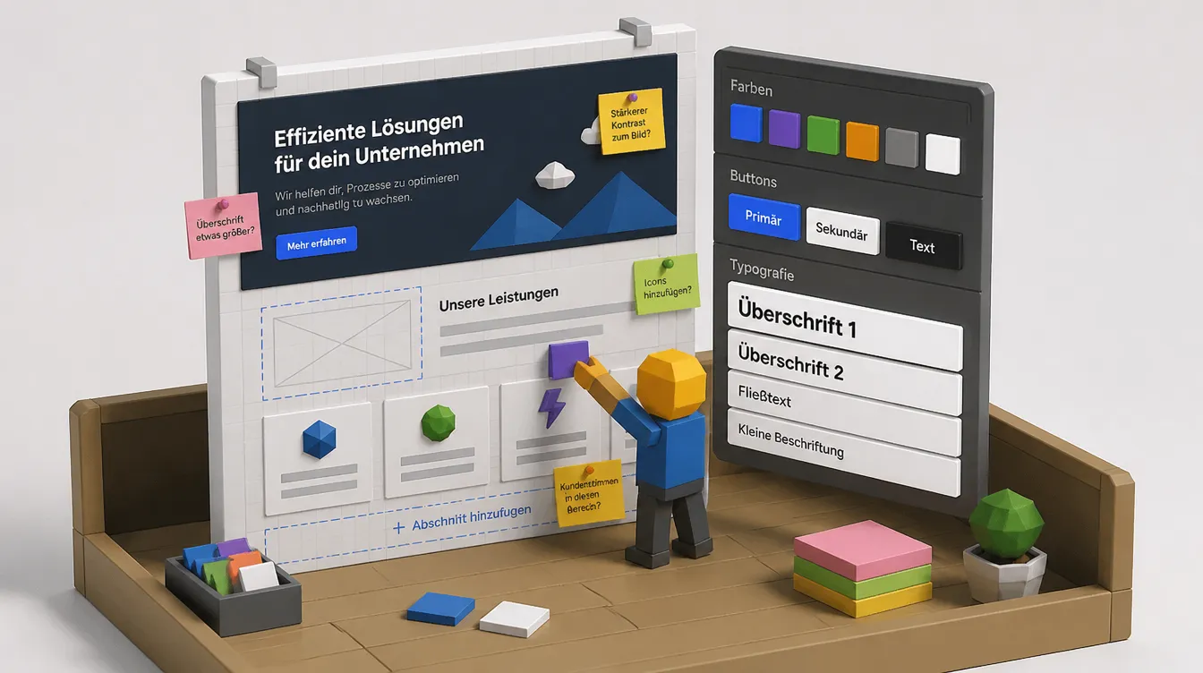 Isometrische Design-Canvas mit Seitenpanel fuer Farben, Buttons und Typografie plus Markup-Kommentaren.
