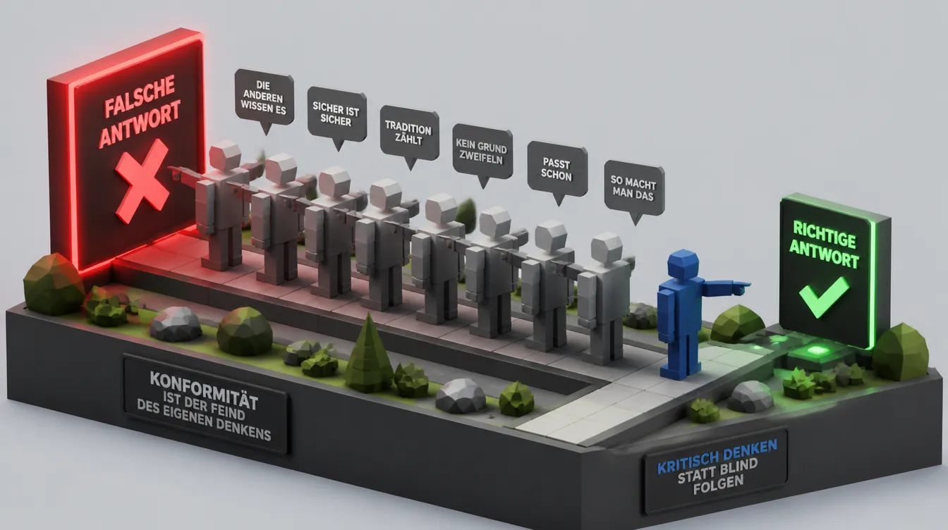 Low-Poly-Diorama: Reihe gleicher Figuren zeigt auf die falsche Antwort, eine einzelne Figur wendet sich der richtigen zu.
