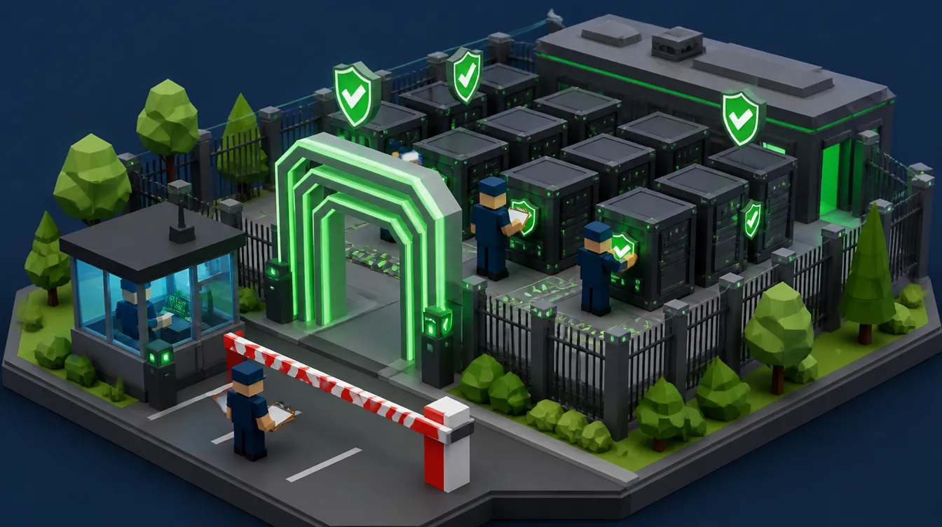 Low-Poly-Sicherheitskontrolle am Rechenzentrum: Schranke, Prüfer und Schild-Häkchen für Governance und Auditierung.