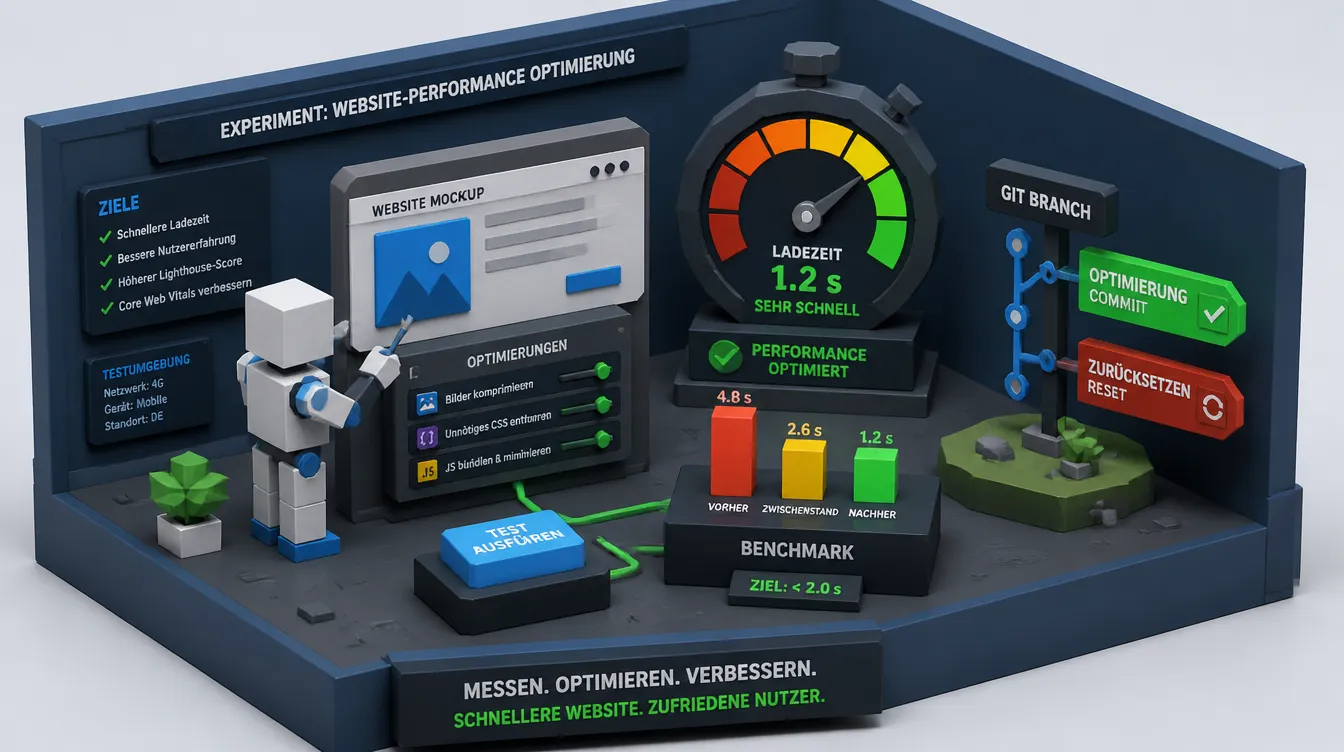 Low-Poly-Diorama eines Website-Performance-Experiments mit Ladezeit-Anzeige, Benchmark-Balken und Git-Commit und Reset